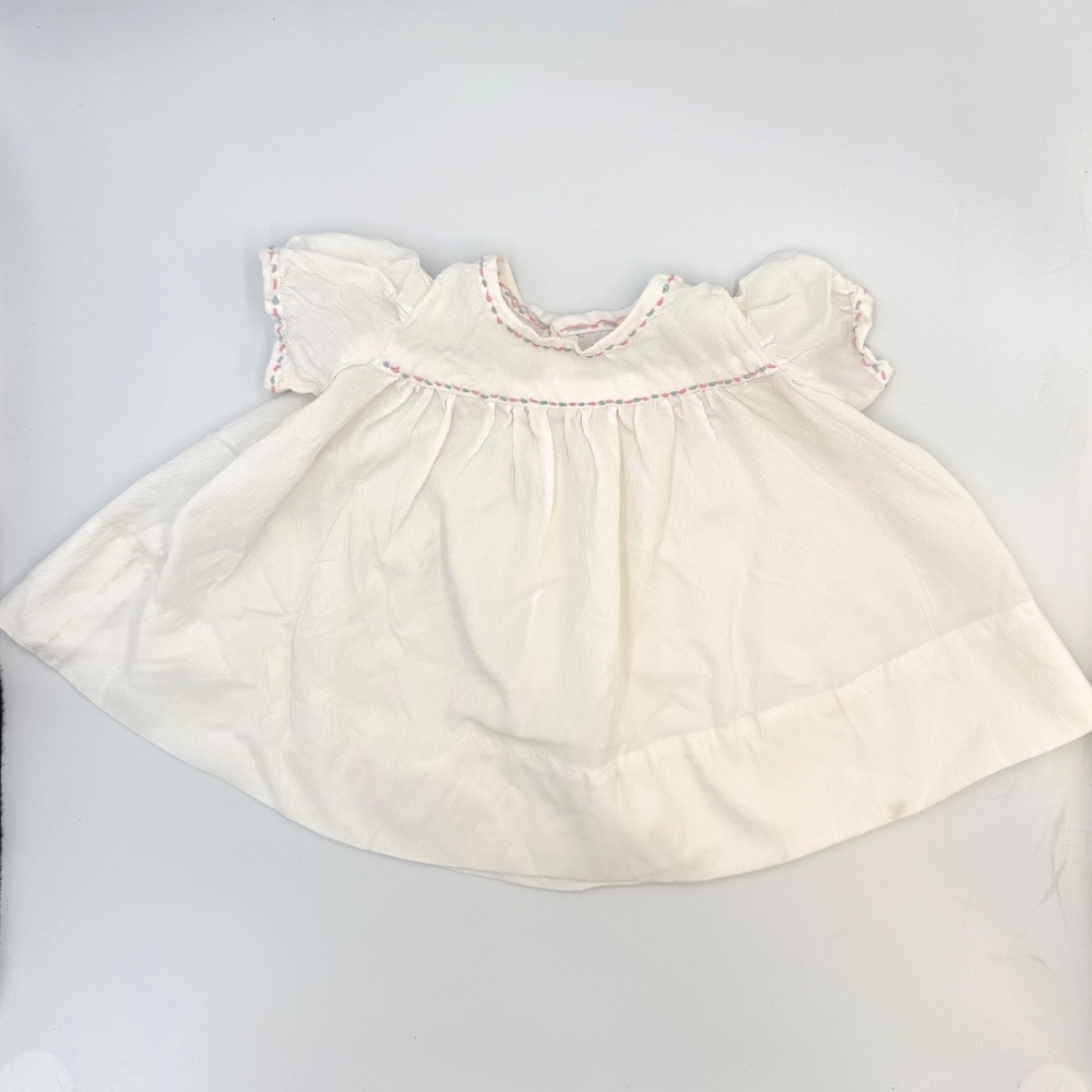 Vintage White Baby Dress – Puff Sleeves, Pink & Blue Embroidery – 3-6M